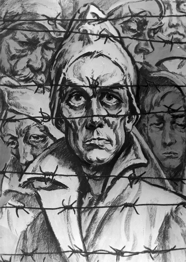 Рисунок Евгения Степановича Кобытева «У колючей проволоки». Из серии «До последнего дыхания». Национальный музей истории Великой Отечественной войны 1941–1945 годов. Репродукция.