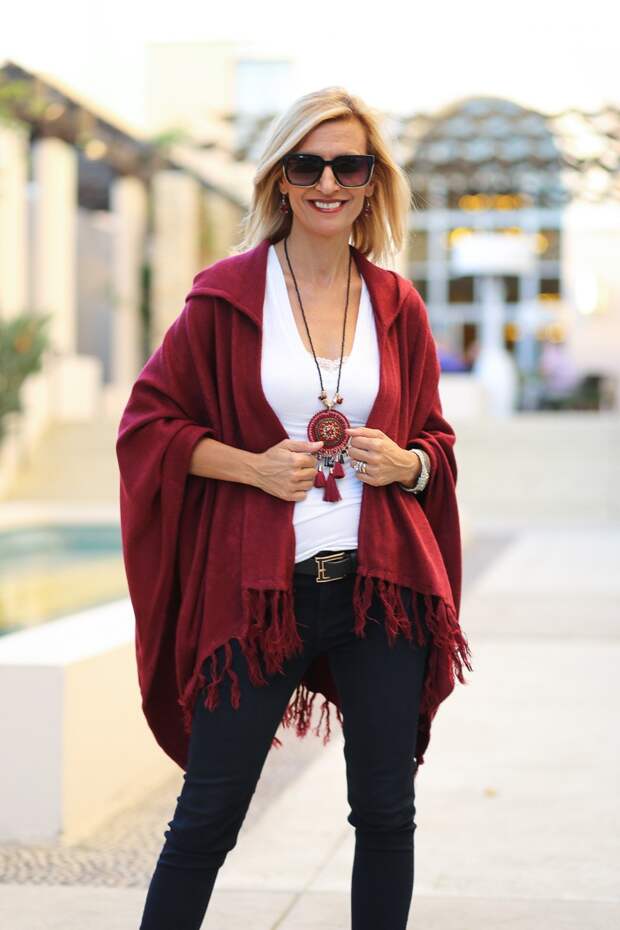 Jacket-Society-Merlot Hooded Poncho With Fringe-9713