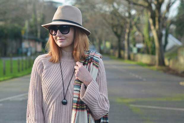 Blush Knitwear, Felt Fedora, Tartan Scarf, Long Coin Pendant