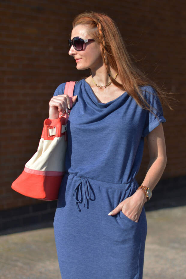 M&S blue tunic dress, colour block tote | Not Dressed As Lamb