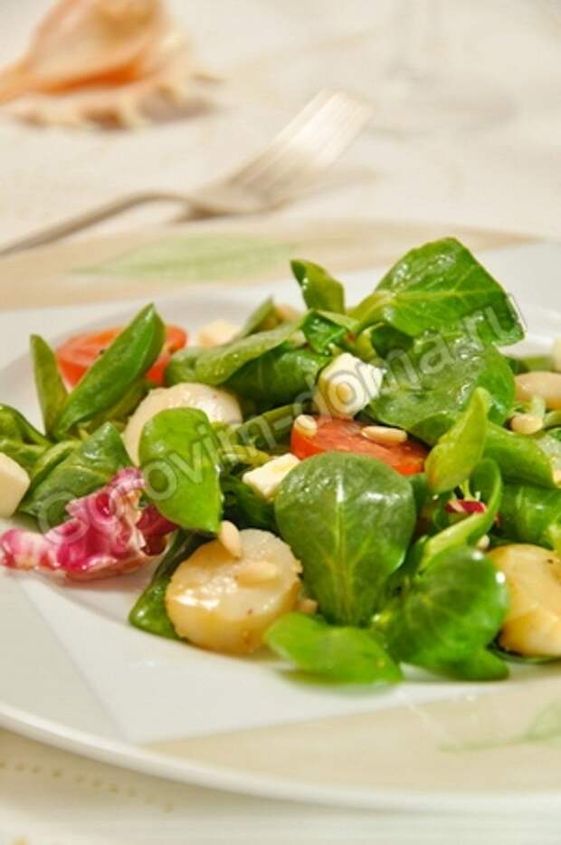 Салат корн с морскими гребешками, помидорами и моцареллой