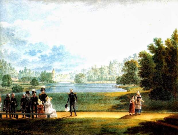 Александр I на прогулке в Павловске (акварель 1820 год)
