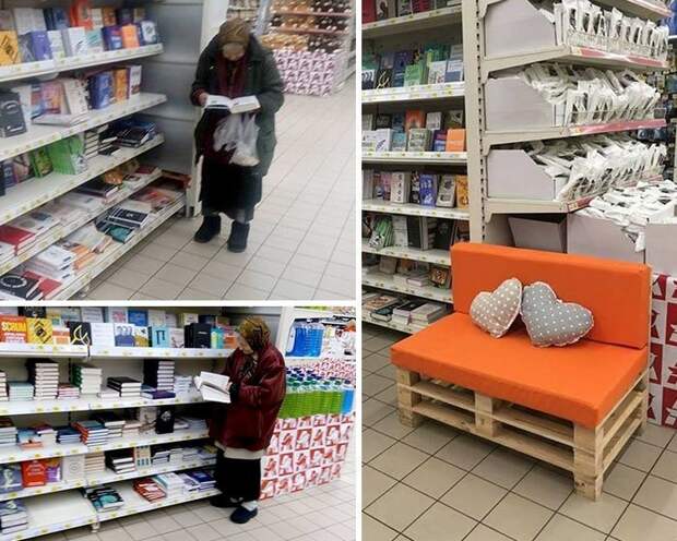 Эта женщина уже 15 лет ходит в супермаркет, чтобы почитать книги, и специально для нее поставили диванчик.