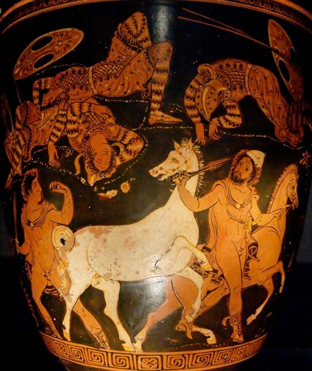 Диомед (слева) и Одиссей (справа) похищают коней у фракийского царя. Греческая роспись, 4 век до н.э.