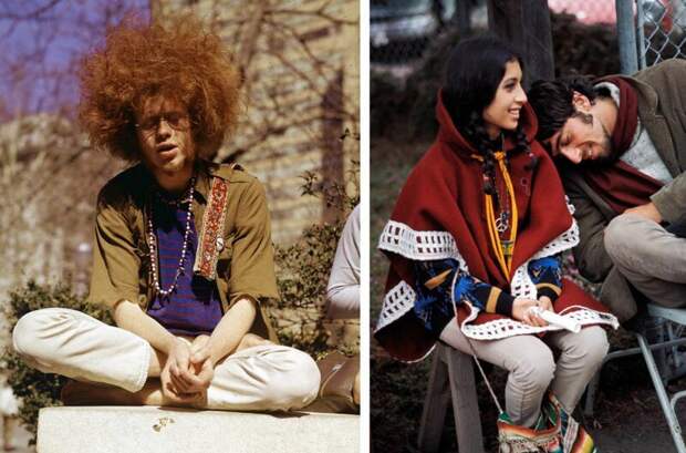 Слева: молодой хиппи сидит в Центральном парке, Нью-Йорк, 1969 год. Справа: пара ждет начала фестиваля Монтерей-Поп, 1967 год. интересное/. фотографии, история, хиппи