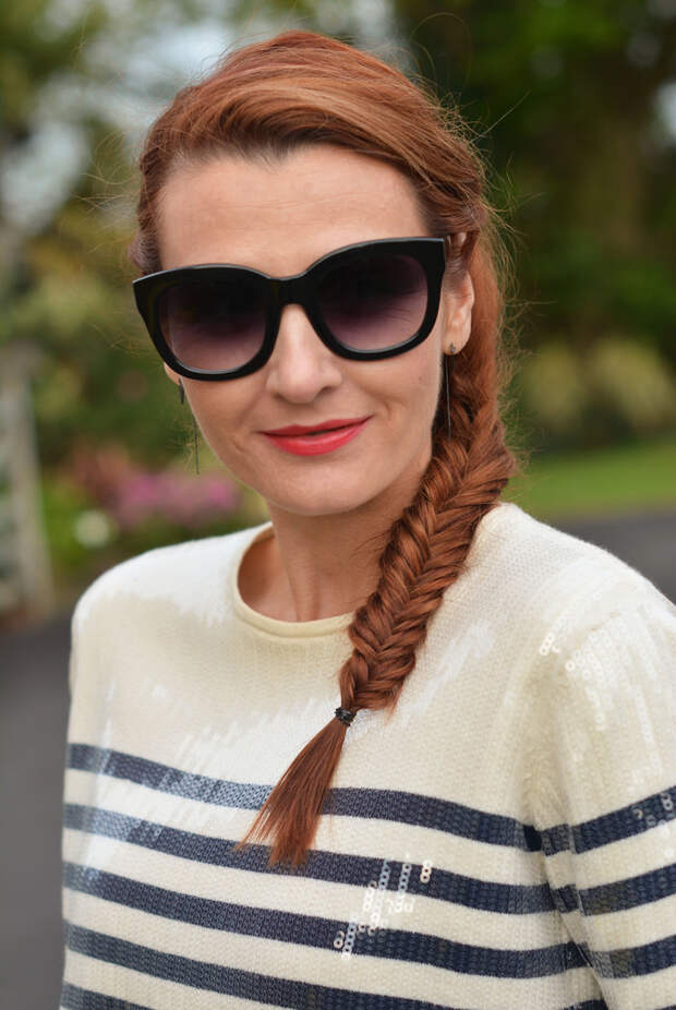 Sequinned Breton striped top, fishtail braid