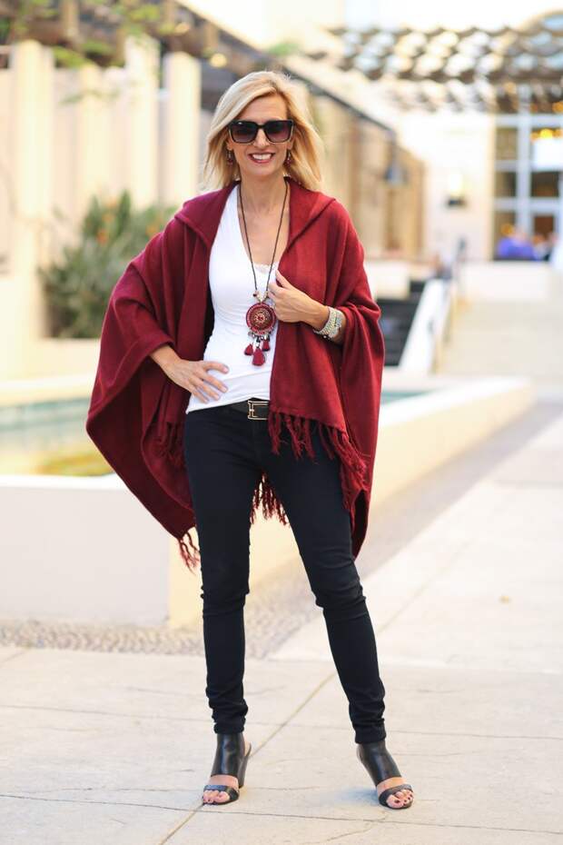 Jacket-Society-Merlot Hooded Poncho With Fringe-9714