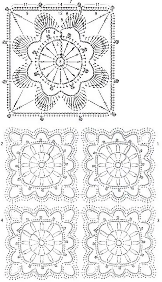 Цветочный квадратный мотив крючком схемы