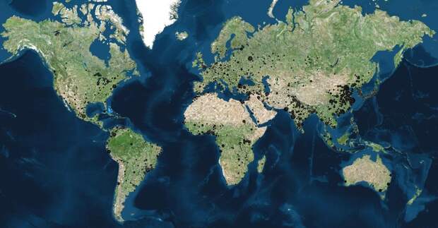 7. Карта, на которой выделены города с населением более 100000 жителей карта, мир