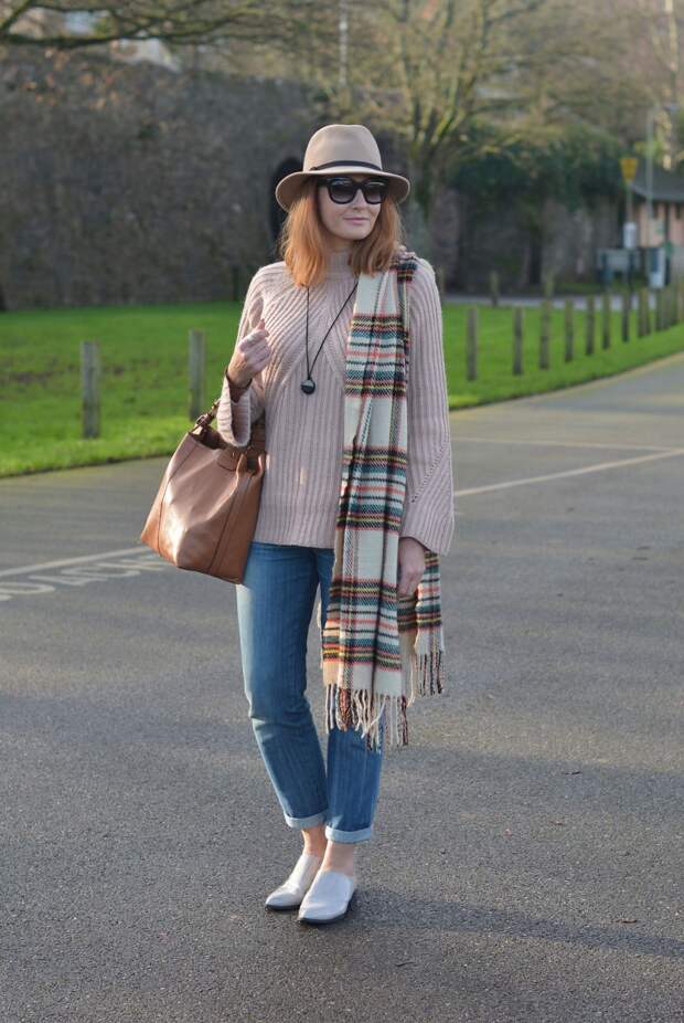 Blush Knitwear, Boyfriend Jeans, Felt Fedora, Tartan Scarf