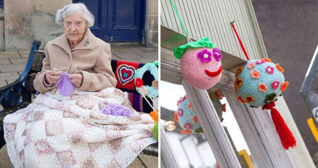 104-летняя уличная художница создаёт вязаные шедевры по всему городу