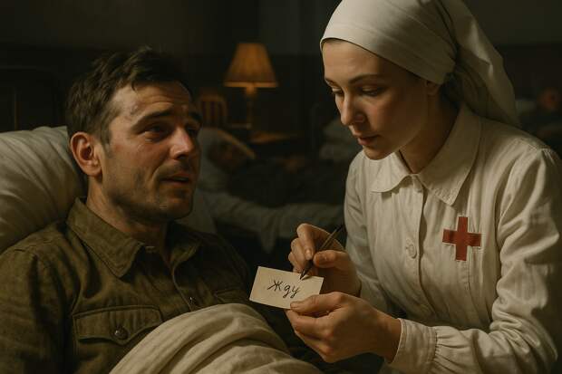 Госпиталь, 1943 год. Простая палата с деревянными койками. Раненый советский солдат лежит на подушке, лицо бледное, но глаза светятся. Рядом сидит медсестра в белом халате и с красным крестом на повязке. Он шепчет ей, а она записывает письмо на маленьком листке бумаги.
