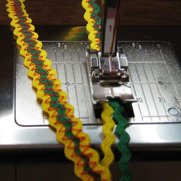 Combine three rows of sweet mini-ric-rac, using a contrasting zigzag stitch to make a wider more colourful braid. You need to offset the ric-rac so that the valleys of one fit into the peaks of the other.: 