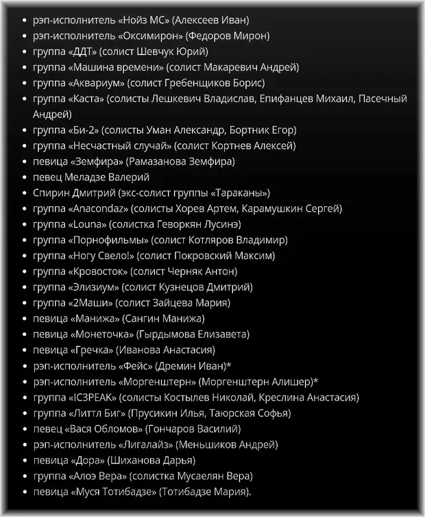 Опубликован список запрещенных в России музыкантов - Все о Музыке - 10 июля  - 43984633206 - Медиаплатформа МирТесен