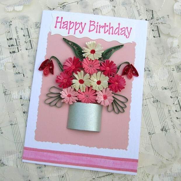 Paper Quilled Silver POT of PINK and Fuchsia Fringed FLOWERS  Handmade Greeting Card by Enchanted Quilling on Etsy