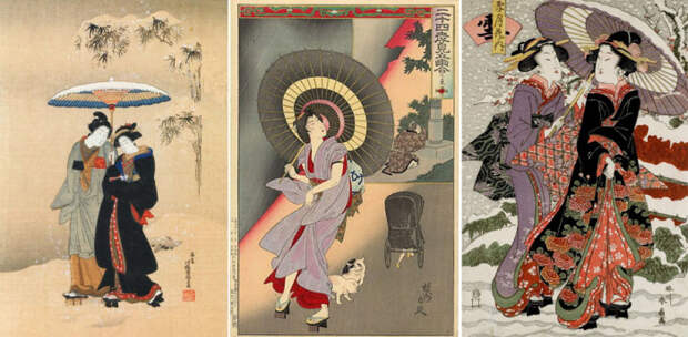 Зонт – обычный аксессуар знатных людей в японской классической живописи