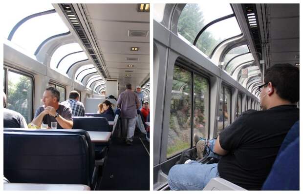 Вагон-ресторан и специальный экскурсионный вагон оборудован панорамными окнами, чтобы пассажиры могли наслаждаться пейзажем (США). 