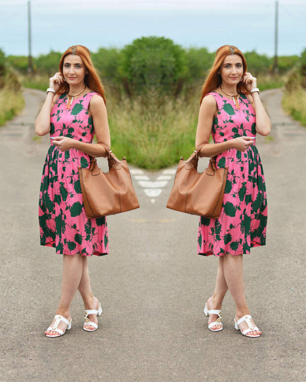 Boden pink/green floral midi dress, white strappy block heeled sandals, tan tote bag, statement necklace