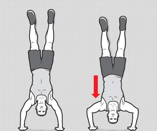 Отжимания вниз головой Непростое, но весьма действенное упражнение. Встаньте на руки, опираясь ногами о стену и отожмитесь. Сделайте семь повторов и три подхода.
