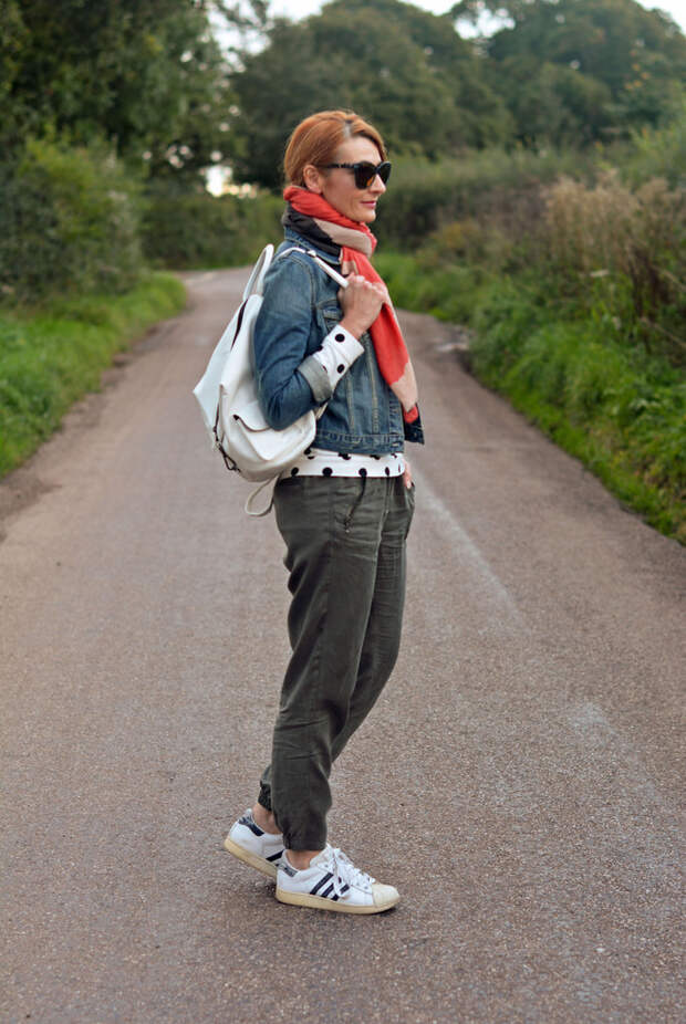 Casual weekend wear | Denim jacket with scarf, polka dots, khaki pants, Adidas Originals