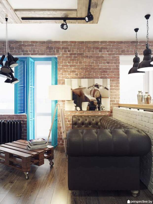 Интерьер студии, диван и журнальный стол, дизайн-проект квартиры ЖК Рупасовский