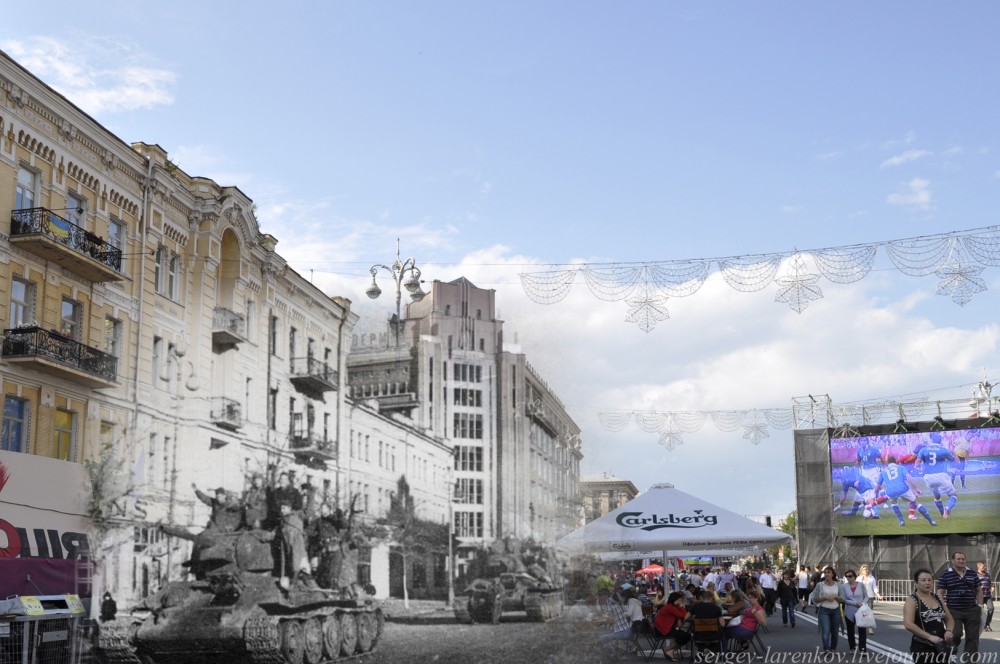Киев 1943/2012 Танки генерала Рыбалко, освободившие Киев , проходят по Крещатику. Kiev 1943/2012 Tanks General Rybalko who liberated Kiev, pass on Khreschatyk.