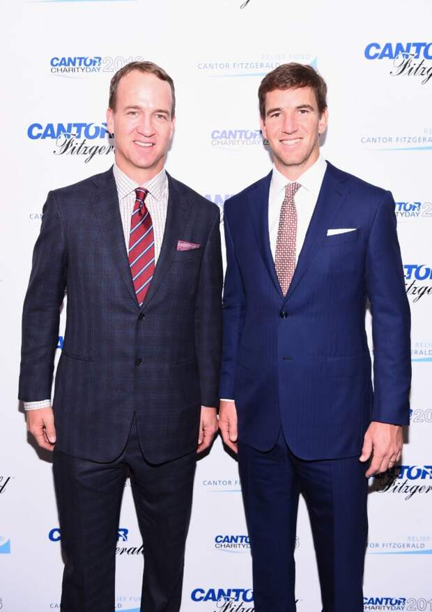 Former NFL player Peyton Manning and NY Giants, NFL player Eli Manning attend the Annual Charity Day hosted by Cantor Fitzgerald, BGC and GFI at Cantor Fitzgerald on September 12, 2016 in New York City.  