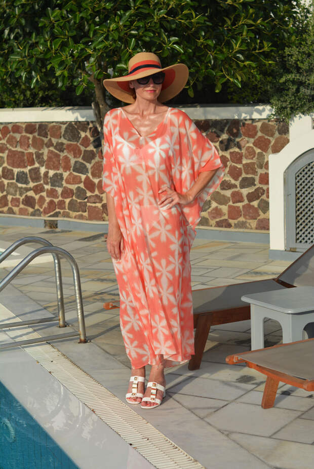 Full length floral kaftan, white bikini, wide-brimmed hat | Not Dressed As Lamb