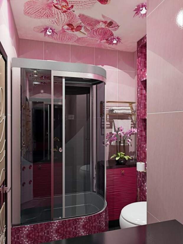 Дизайн-проект квартиры в ЖК Коммунарка, яркая ванная комната с душевой кабинкой