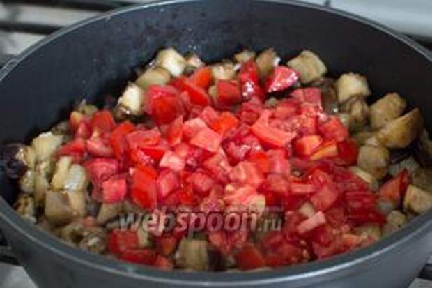 Следом добавьте все специи, перец чили. Перемешайте. Также добавьте помидоры, томатную пасту и воду. 