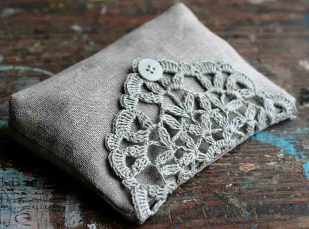 Linen clutch, pouch, purse, makeup bag -- crocheted detail closure