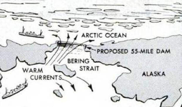 Океан вспять Большинство людей связывает период холодной войны и неуклонное наращивание ядерного вооружения. Но некоторые проекты были гораздо более амбициозны. К примеру, СССР вполне серьезно планировали растопить всю Арктику. По замыслу инженеров, гигантская плотина должна была преградить пространство от России до Аляски, перекрыв поток Тихого океана. Такая плотина могла бы перенаправить Гольфстрим в Атлантике, позволив теплой соленой воде растопить лед Арктики.