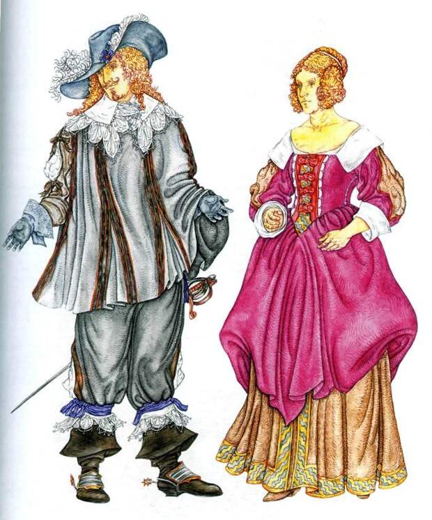 французский мужской и женский костюм 17 века