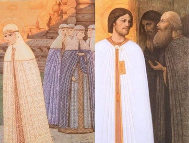 А. Простев. Слева – Зависть боярских жен. Справа – Нашептывание бояр