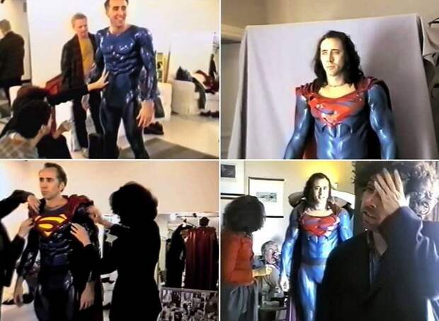 Николас Кейдж примеряет костюм Супермена для отмененного фильма Тима Бертона "Супермен жив", 1997 год голливуд, за кадром, кино, фото