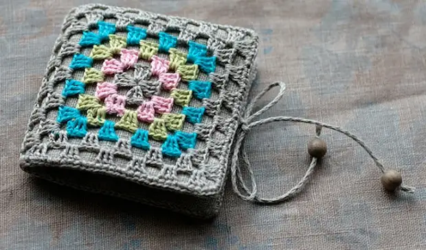Small Linen Needle Book with Crochet detail -- Granny Square