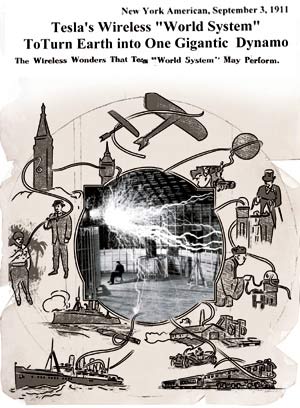 Это - страница журнала «Нью-Йорк Американ», 1911(!) год, посвященная самому фантастическому проекту ученого - «Всемирная беспроводная система передачи информации и энергии». Если бы он довел проект до конца, мир бы сейчас был совсем другим. В центре схемы - реальная энергопередающая установка Теслы. Над спокойно сидящим изобретателем сверкают молнии мощностью в миллионы ватт.