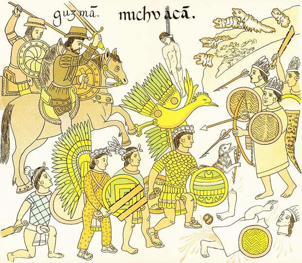 Испанцы в Мексике на рисунке из Тлашкаланской рукописи XVI века. В отличие от европейских изображений, здесь хорошо заметны туземные союзники испанцев. Огнестрельное оружие не отображено - Пушки, турки и «голос Америки» | Военно-исторический портал Warspot.ru
