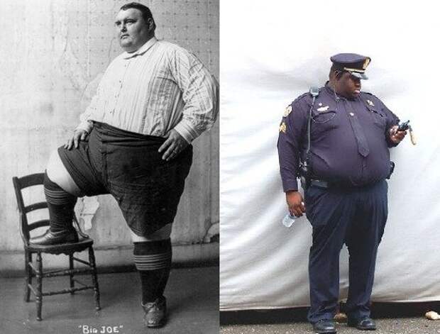 On the left - largest man in the world in 1903. On the right - american police officer in 2012