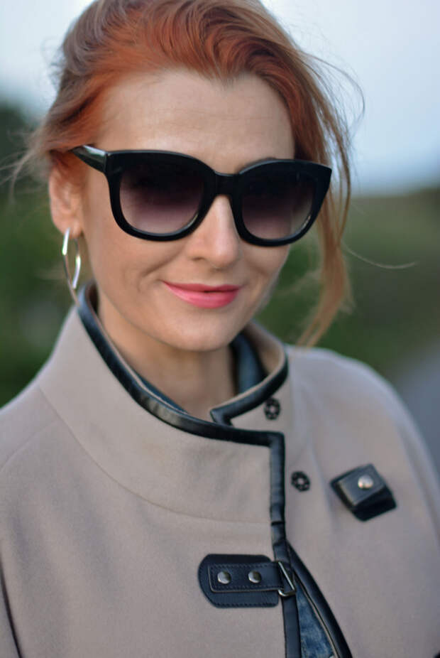 Taupe wool cape with denim jacket