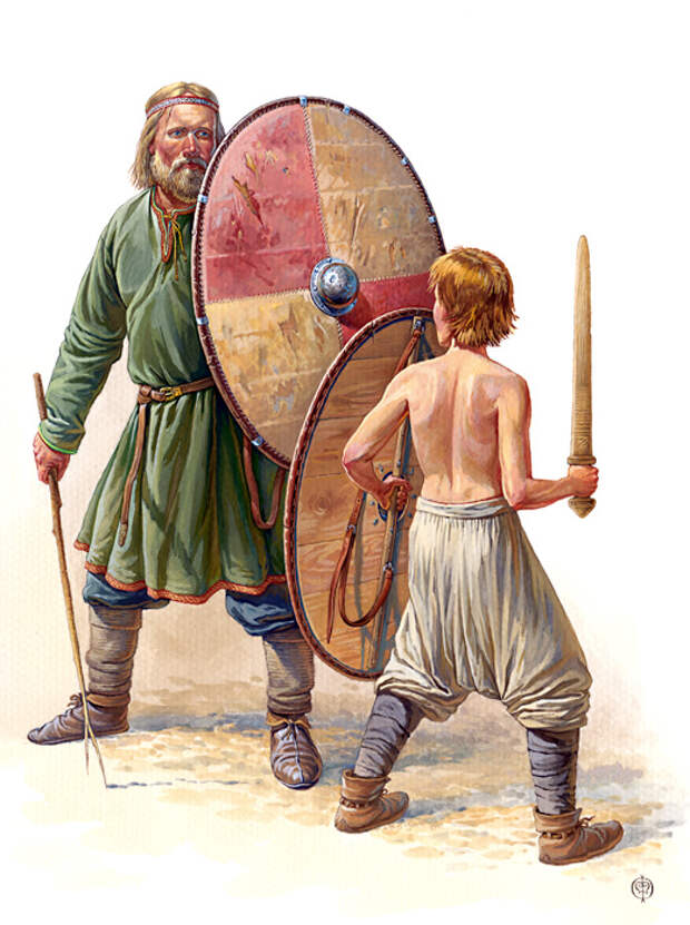 Обучение мальчика обращению с мечом и щитом, X век.  По материалам древнерусских и скандинавских погребений.