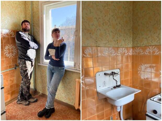 Так выглядела кухня до ремонта. На фото хозяева квартиры Катя и ее супруг Юрий. По профессии Катя является делопроизводителем, а по призванию - блогером и дизайнером-любителем.