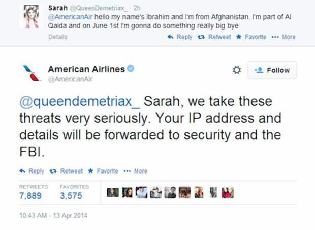 2. Угроза American Airlines twitter, арест, пост