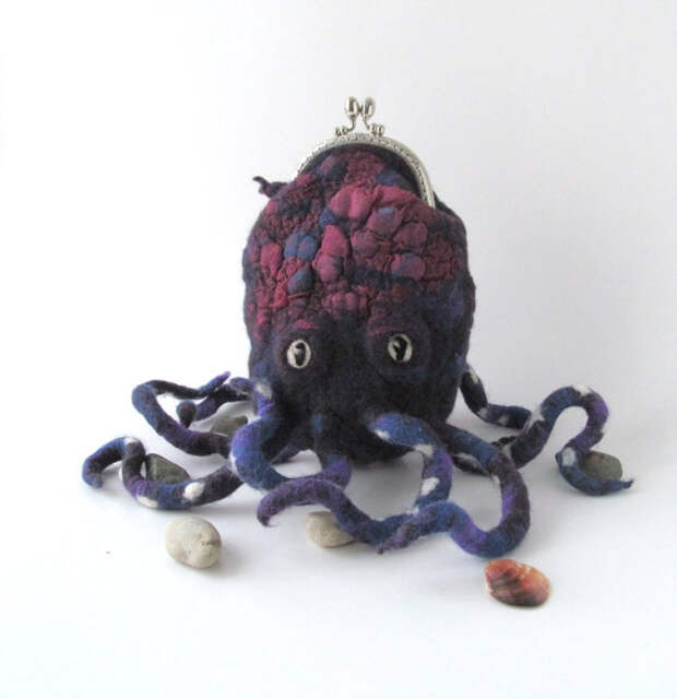 Felted  purse cosmetic Purple octopus squid under 75