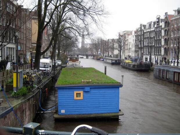 Дом на воде с травяной крышей, Амстердам. зелёные крыши, экологичный дом