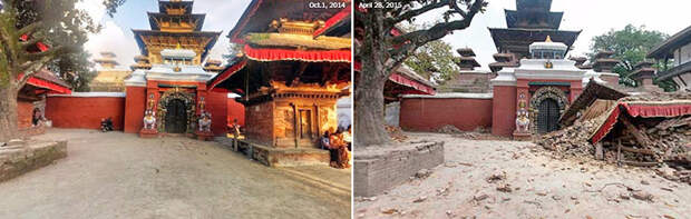 Храм Богини жертвоприношений Таледжу  землетресение, непал, памятники, разрушение, тогда и сейчас