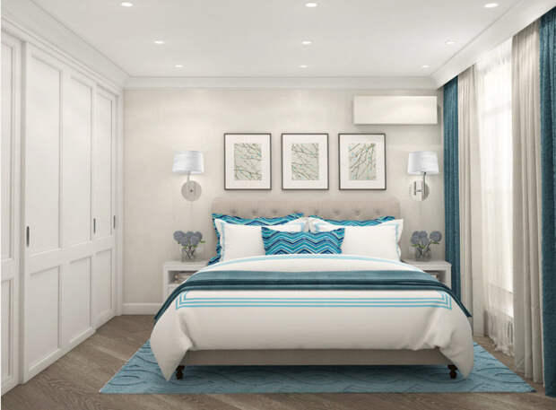 Бирюзовые оттенки в интерьере спальной комнаты хорошо сочетаются с белым цветом.