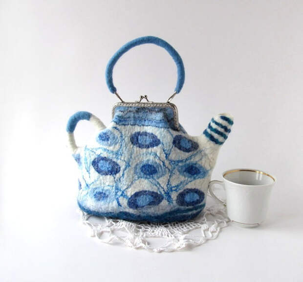 Felted teapot  purse Blue white handbag