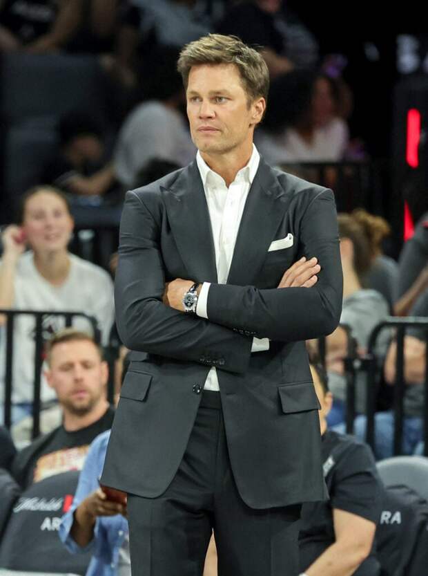 Tom Brady looks on before the Las Vegas Aces' home opener against the Phoenix Mercury at Michelob ULTRA Arena on May 14, 2024 in Las Vegas, Nevada.