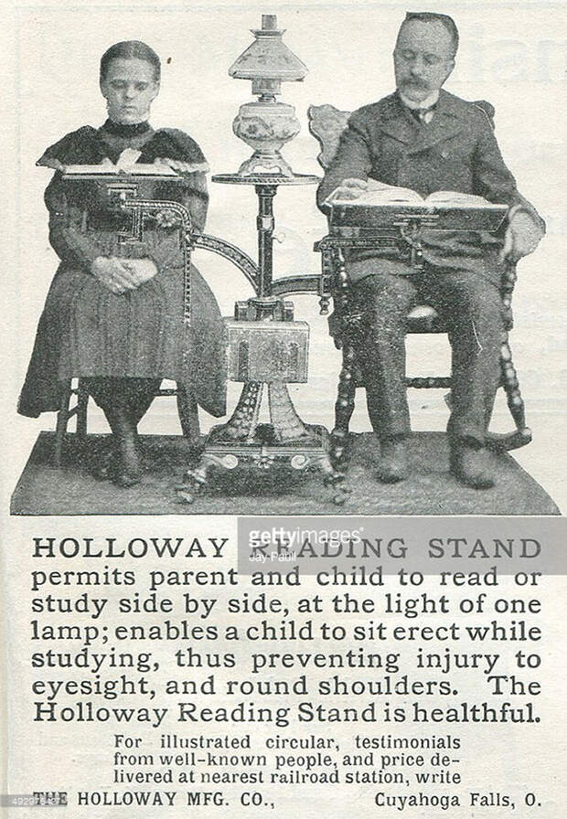 Реклама пюпитров для чтения книг и газет производства компании Holloway, Огайо, 1898. америка, история, реклама